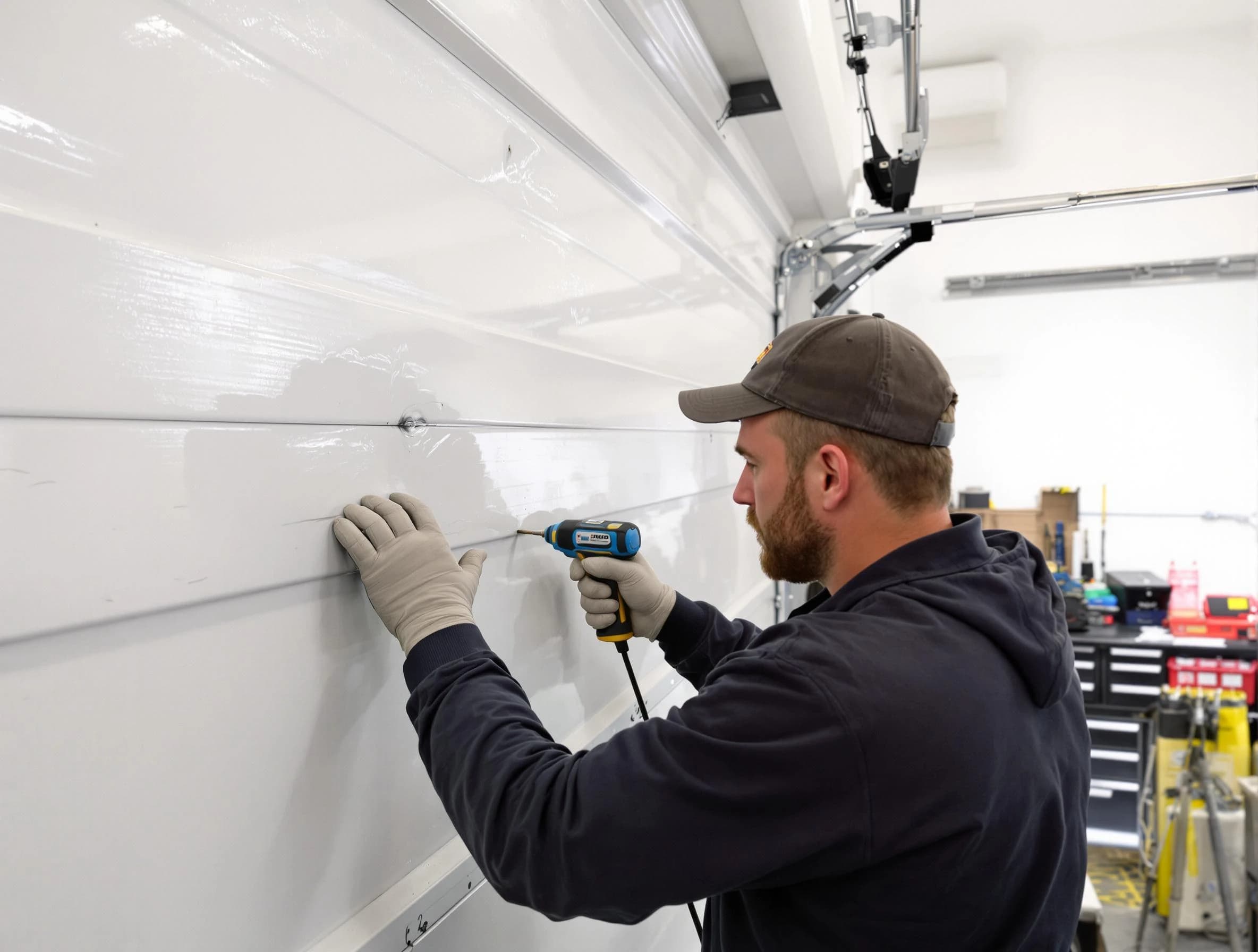 Millcreek Garage Door Repair technician demonstrating precision dent removal techniques on a Millcreek garage door